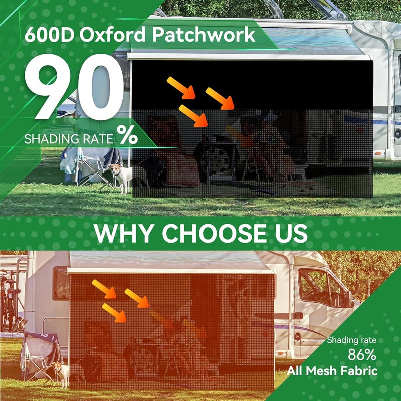 RVINGPRO شاشة ظل مظلة RV مع سحاب 9' x 19'3''، قمة أكسفورد 600D + قاع شبكي، شاشة ظل شمسية RV للمظلة، مجموعات ظل RV كاملة للقافلة - Image 2